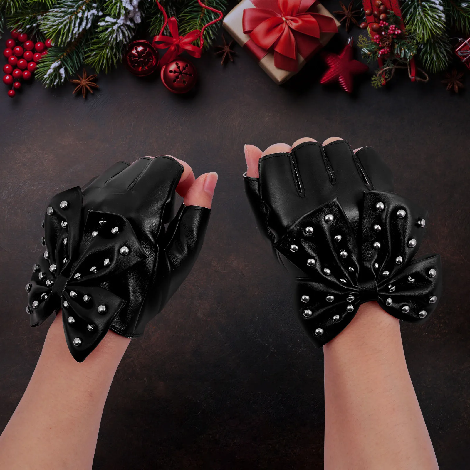 

1Pair Half-Finger Rivet Bow-Knot Gloves Fashion Lady Stage Glove for Christmas New Year Party Holiday Gift