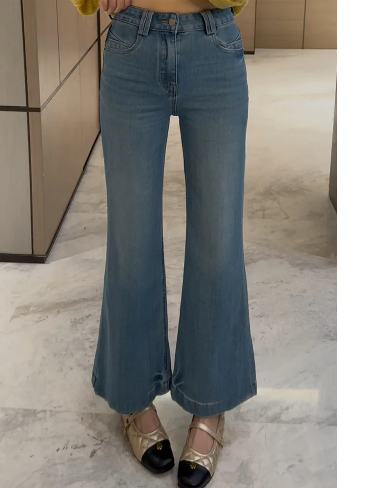 

Spring Fashion Slimming Thin Denim Pants Women's Elastic Nine-Piece Flared Jeans Casual Straight Leg Blue Color Natural Waist