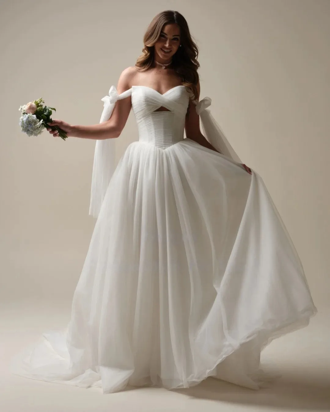 Customizable Romantic Simple Sweetheart Off Shoulder Bow Strap Cutout Bodice Airy Tulle A-Line Natural Floor Length Bridal Gown