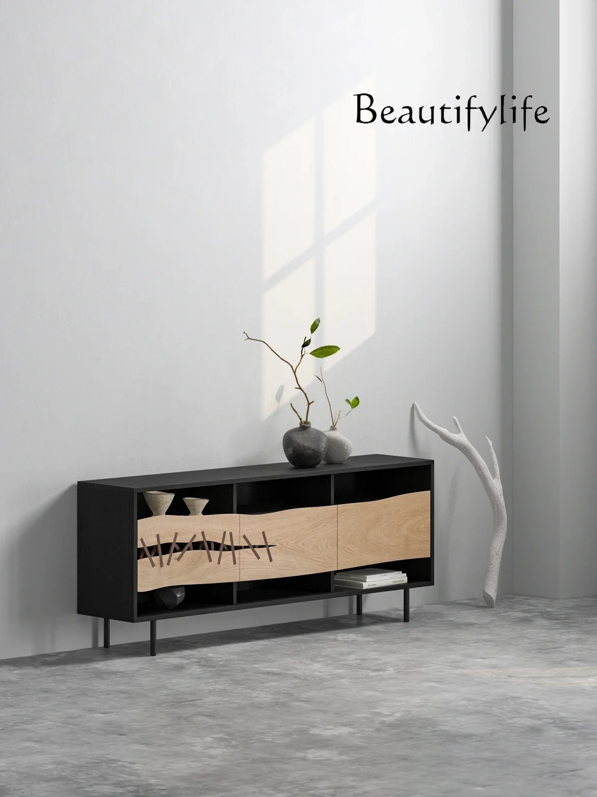 TV Stand Nordic Solid Wood Minimalist Wood Color Storage Cabinet with Wind Black Dining Side