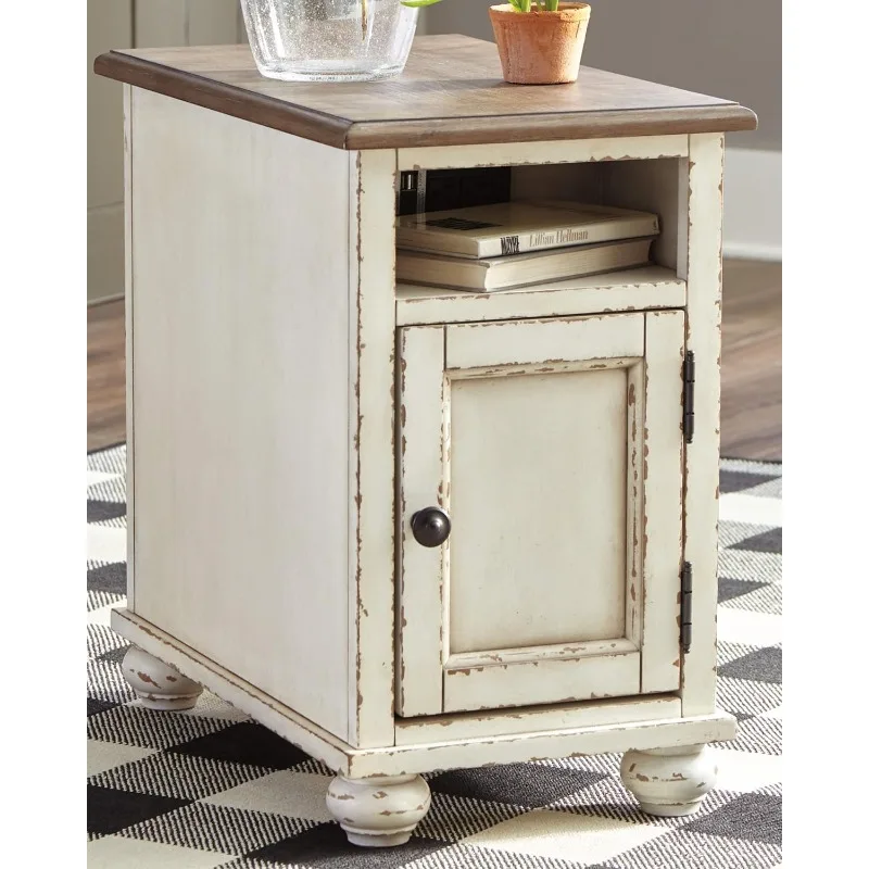 Signature Design by Ashley Realyn French Country Chair Side End Table with Outlets & USB Ports, Cream