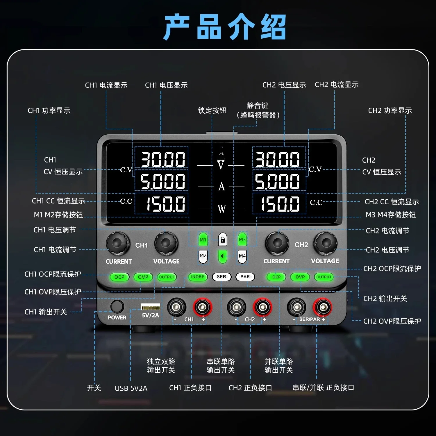 Adjustable DC regulated power supply 30V60V10A multi-function dual-channel encoder storage independent output