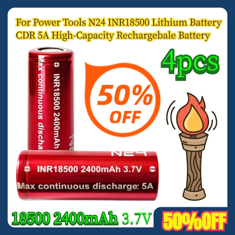 

4pcs For Power Tools N24 INR18500 Lithium Battery 18500 2400mAh CDR 5A 3.7V High-Capacity Rechargebale Battery
