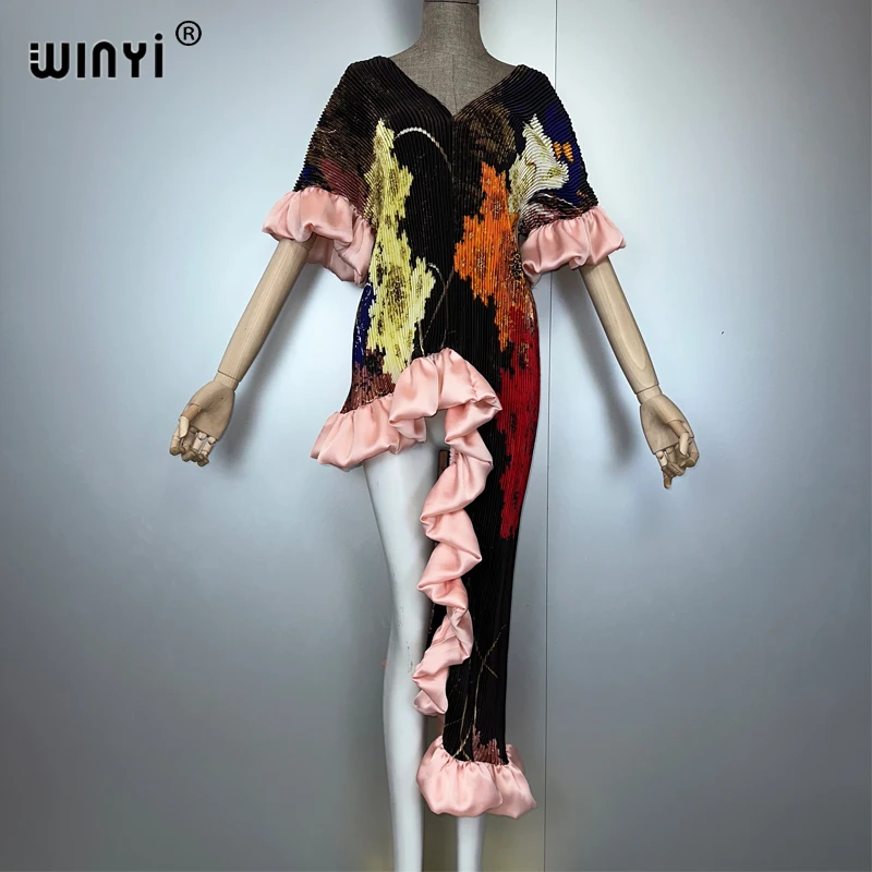 WINYI Summer Pleated dress Irregular dress Loose boho robe Maxi Long Femme Vestidos holiday Elegant evening dress abaya