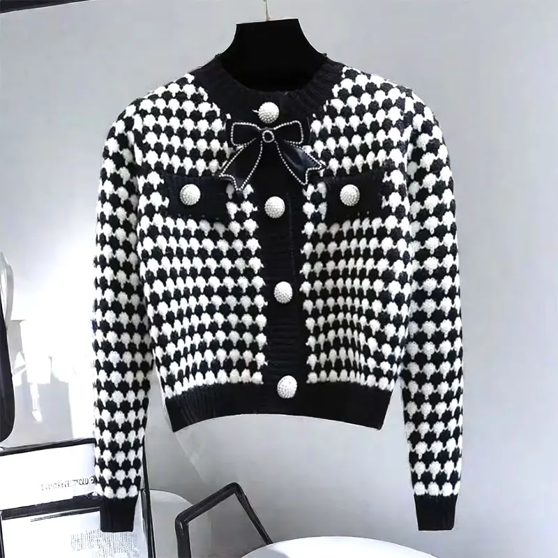 Bow Black Plaid Dot Knit O-Neck Bow Long Sleeve Women\'s Cardigan Single Breasted Sweater Cardigan For Women Clothing Fashion