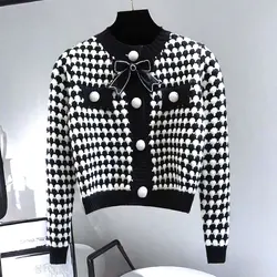 Bow Black Plaid Dot Knit o-collo Bow manica lunga Cardigan da donna Cardigan monopetto maglione per abbigliamento donna moda