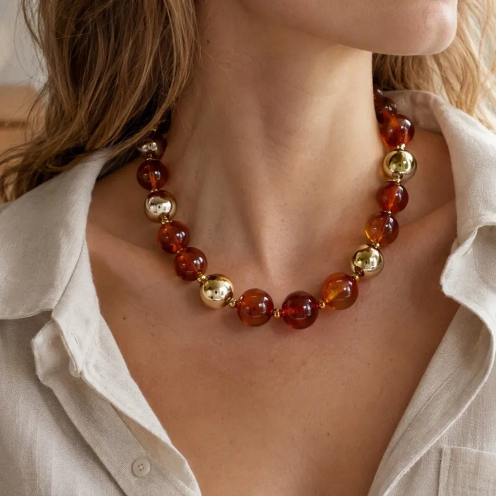 Fashion Luxury Amber Tone Round Bead Mixed Bold Necklace Bracelets for Women Countryside Getaway Casual Gathering Jewelry Sets