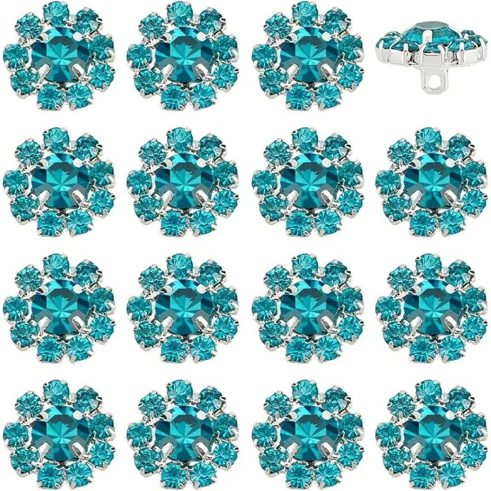 

16 PCS Rhinestone Buttons 0.5 inch in Diameter Blue Round Button with 1.4mm Hole Brass Shank Buttons for Garment