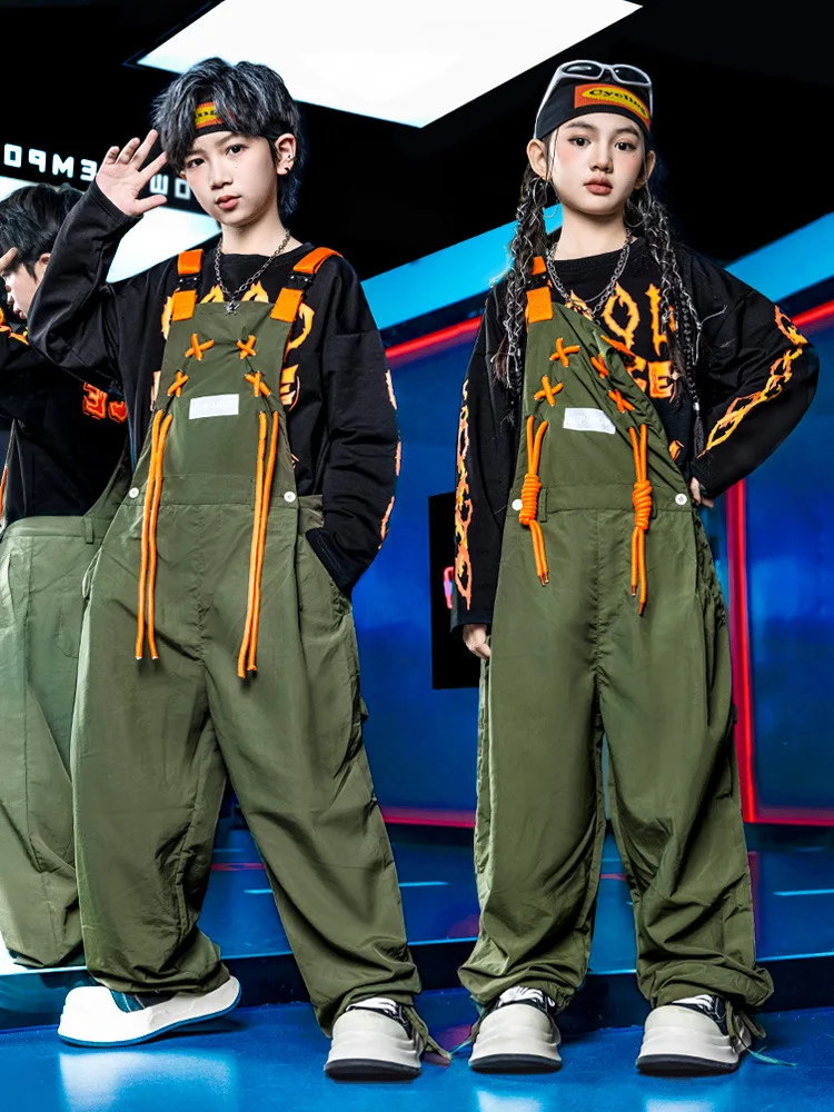 Kid Kpop Hip Hop Clothing Black Letters Sweatshirt Army Green Street Tie Bibs Pants Jumpsuit for Girl Boy Dance Costume Clothes