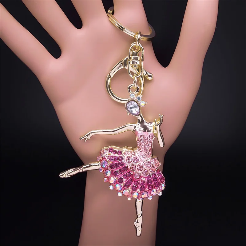 Aesthetic Ballet Dancer Keychain for Women Girls Pink Rhinestone Metal Ballerina Key Chains Jewelry Gift llaveros K5313S01