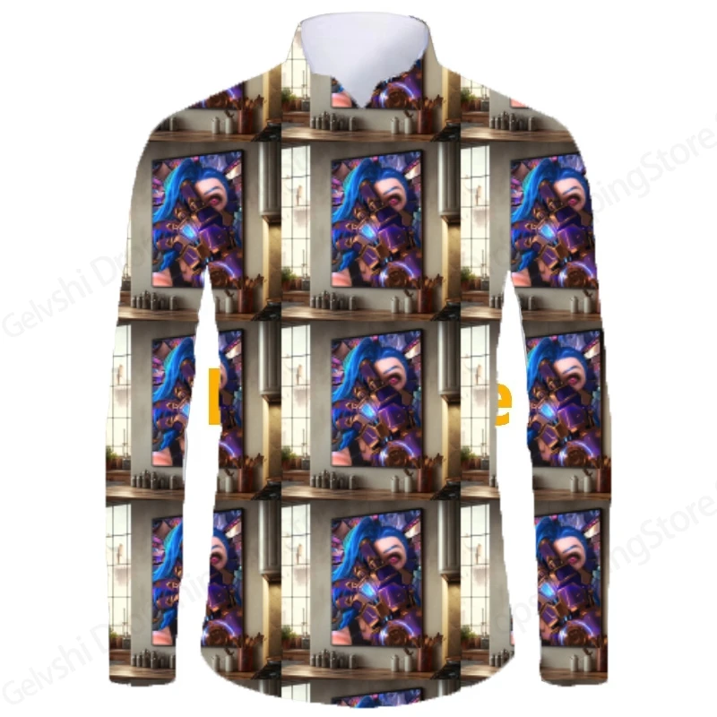 Camisa de lujo de manga larga para hombre, camisa hawaiana con estampado 3d de Anime Arcane League Jinx, camisas informales de calle para hombre y mujer, blusa para hombre