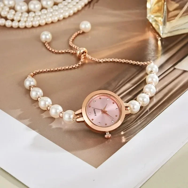 New Vintage Pearl Bracelet Women's Quartz Watch Adjustable Strap Watch Luxury Gold Small Dial Ladies Wristwatch