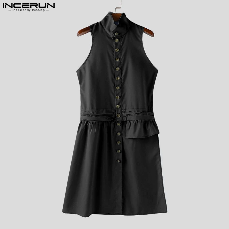 

INCERUN Men Long Style Vests Solid Color Stand Collar Sleeveless Button Male Waistcoats Streetwear 2025 Fashion Irregular Vests