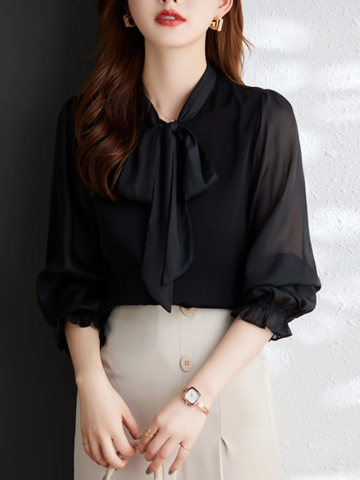 

Elegant Black Long Sleeve Chiffon Shirt Women's Fashion Spring Autumn Net Sleeve Bow Tie Loose Fit Polyester Blend Casual Shirt