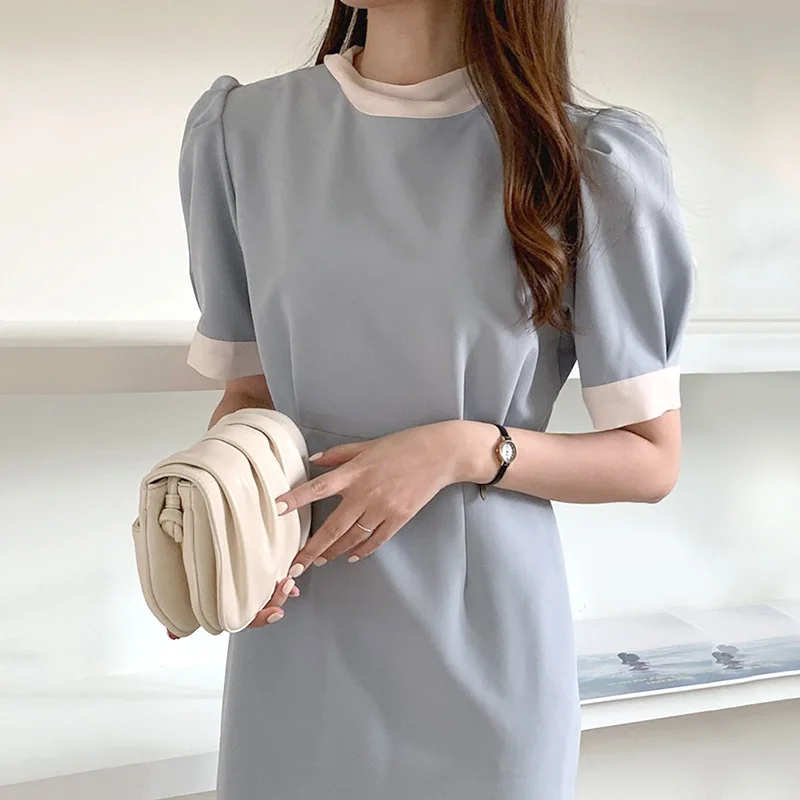 

Korean Women Chic Dresses Minimalism Elegant Temperament Slim A Line Lace Up Contrast Stand Puff Sleeve Dress Female Vestidos