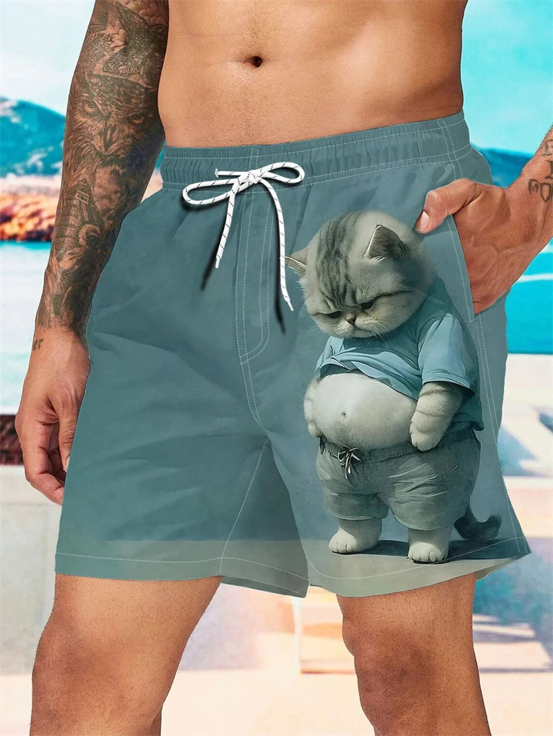 Men's Fashion Cat Pattern Digital 3D Printing Men's Casual Drawstring Shorts Pockets Suitable For Summer Leisure Baggy Shorts
