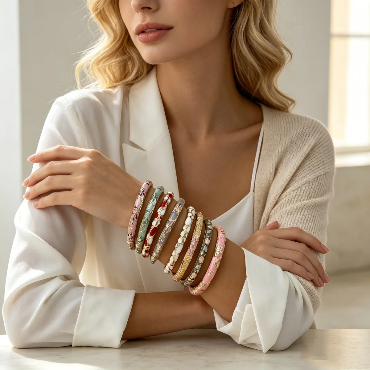 Mehrfarbige, mit tropfendem Öl bedruckte Blumen-Manschettenarmbänder für Damen und Herren, Vintage Boho Blatt Unregelmäßige Ovale Geometrische Armreifen Schmuck – Detail 14