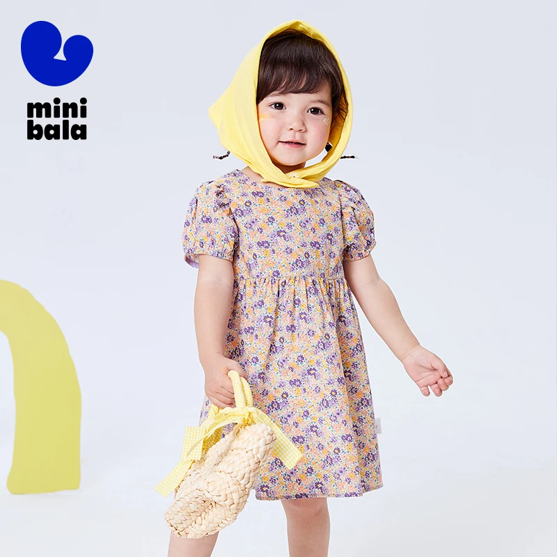 Mini Bala Dress Girls 2024 New Summer Floral Bubble Sleeve Stylish Princess Dress