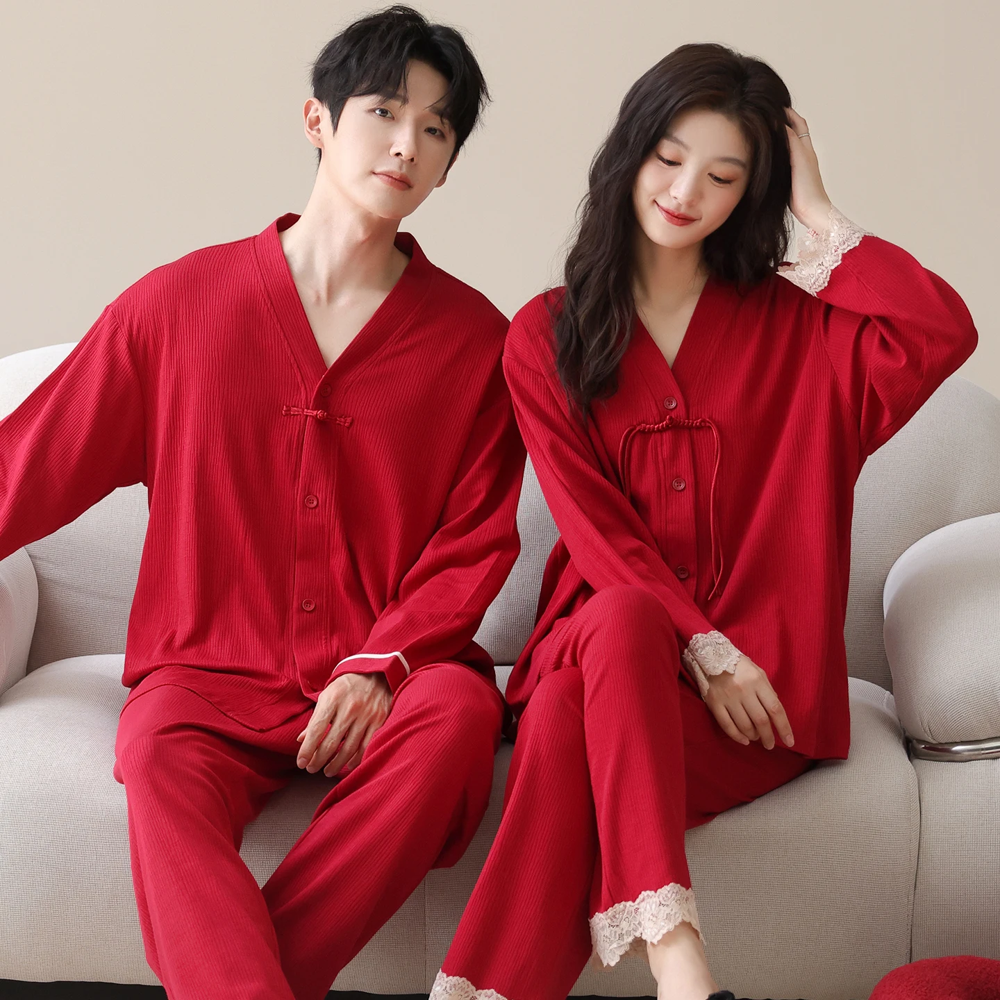 

Spring Autumn V-Neck Pyjamas Couples Pajamas Sets Festival Red Japanese Kimonos For Women Big Yards M-4XL Cotton Yukata For Male