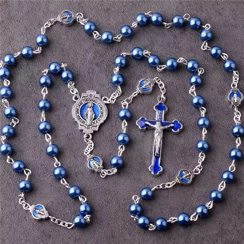 Retro Oil Drop Treasure Blue Alloy Cross Pendant Necklace with 6MM Pearl Bead Virgin Prayer Beads Set - 1 Piece