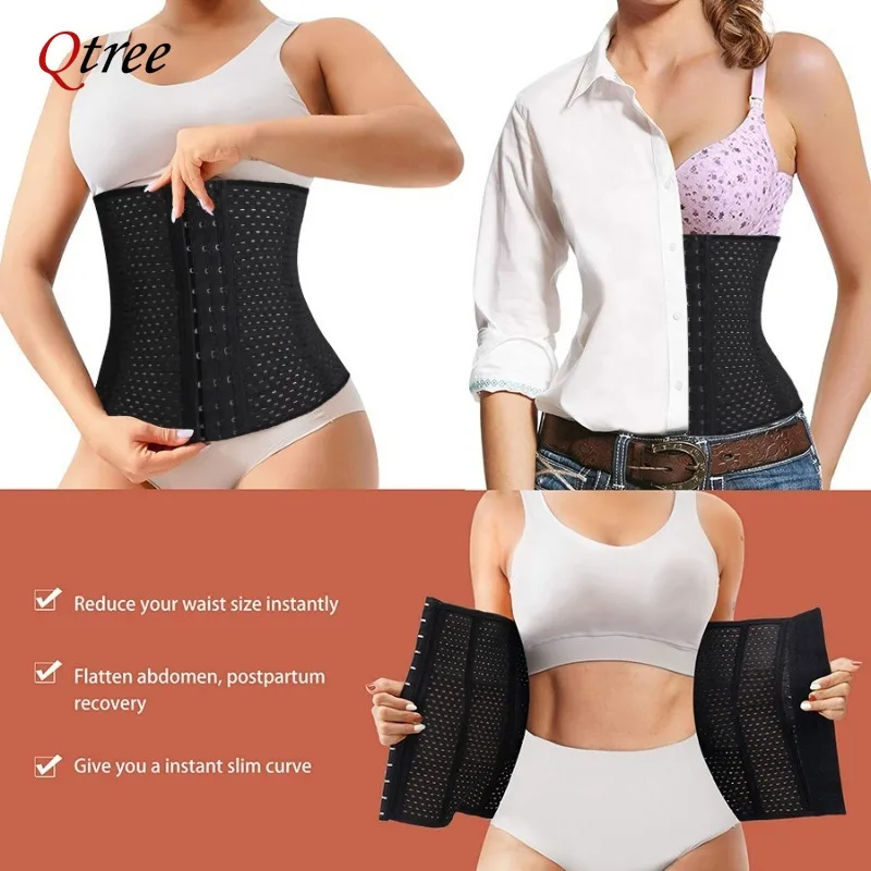 Qtree Women Waist Trainer Corset Everyday Wear Steel Boned Tummy Control Body Shaper Slimming Belt Reductive Girdle Shapewear