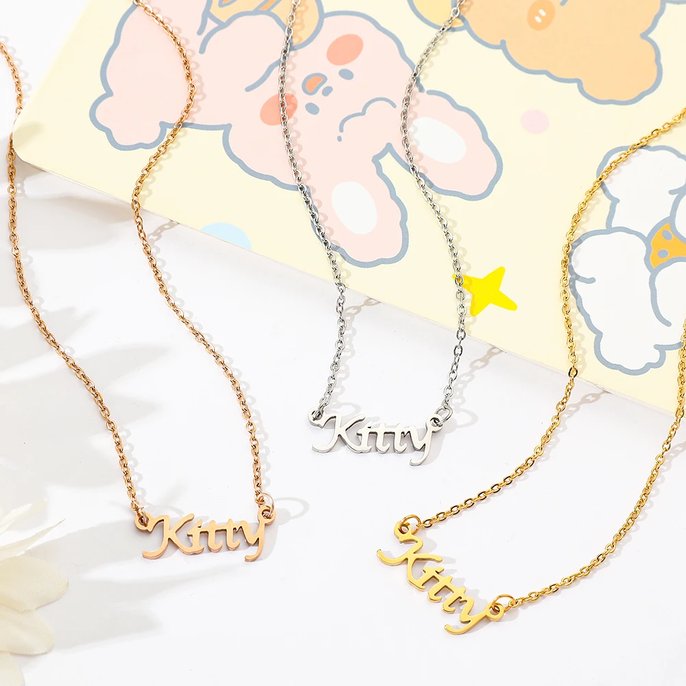 Sanrio Hello Kitty Anime Necklace Stainless Steel Cartoon KT Cat Letter Pendant Metal Charm Jewelry