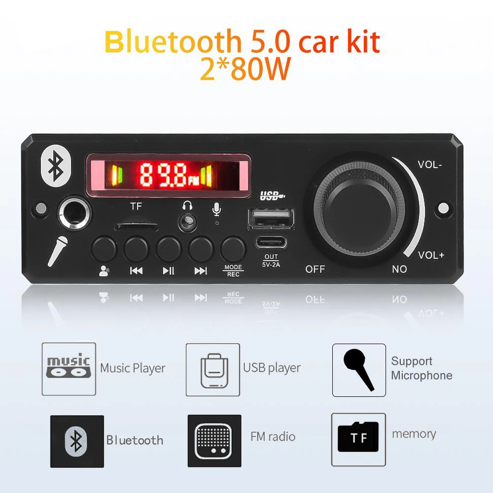 160W Amplifier Bluetooth MP3 Decoder Board 12V DIY MP3 Player Car FM Radio Module TF USB Microphone Record Handsfree Call