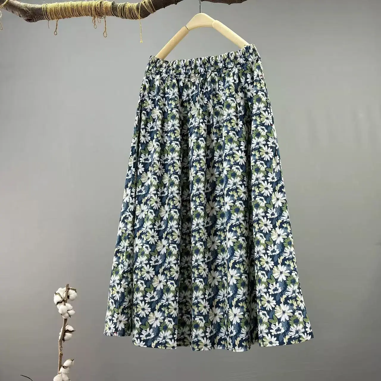 2026 Mori kei clothing Japanese fashion elastic waist yellow blue oil painting long skirts for women 100% cotton art style midi