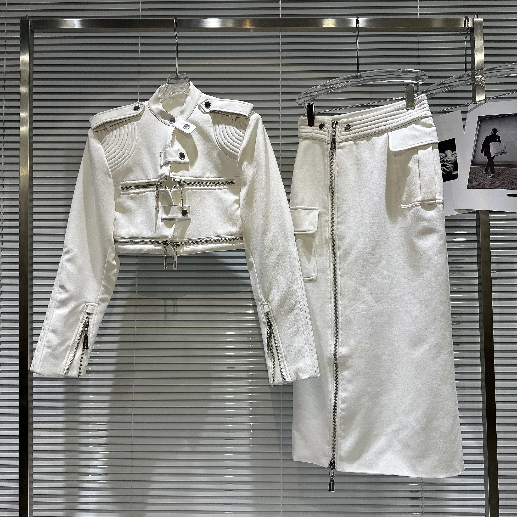 

Сексуальная молния в стиле пэчворк, кожаная накладка на плечо, верхняя одежда из джата + комплект юбки в один шаг для молодых женщин, модная осенняя мода