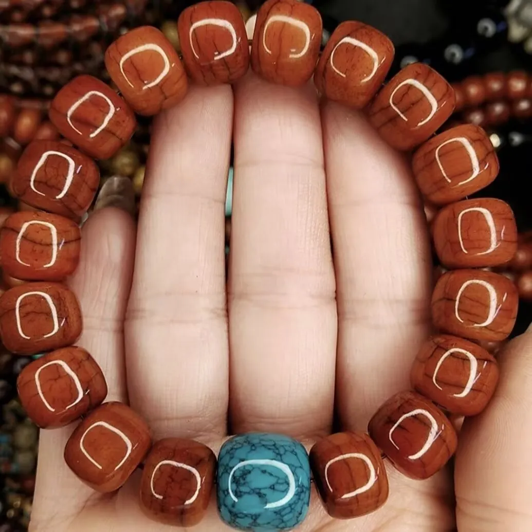 Chestnut Square Drum Bead Bracelet Vintage Crack Grain Blue Pattern Bead Unisex Wrist Ornament