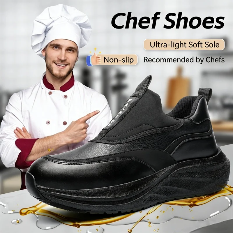 Platform Men's Leather Shoes Waterproof Anti Slip Chef Shoes Wear Resistant Men Casual Shoes Oil Resistance Chef's Boot Loafers