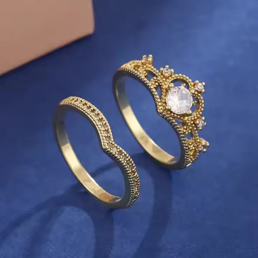 Elegant 2 -piece gold -plated Princess Ladies Women's Ring Crown Design Fashion Jewelry Marriage Anniversary Equipment Party