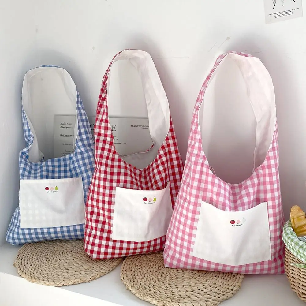 

Vintage Sweet Double Sided Plaid Vest Bag Japanese Style Leisure Lattice Shoulder Bag Commuting Cloth Canvas Tote Bag Travel