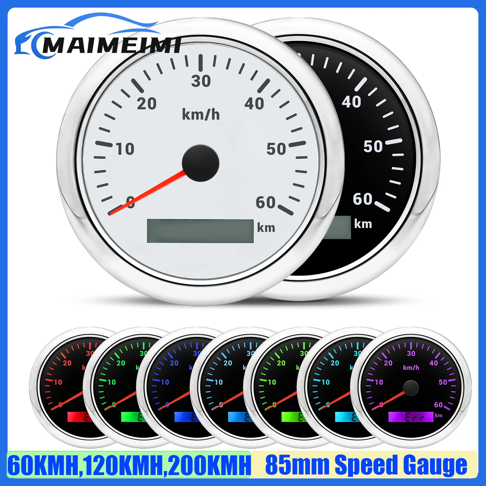 30KMH,60KMH,120KMH,200KMH 85mm Speedometer Gauge 7 Color Light Analog Pulse Signal Speed Meter for Auto Car Boat Marine Custom