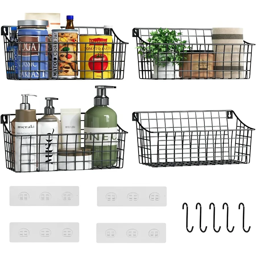

Подвесная настенная корзина из 4 штук для организации больших проволочных корзин для хранения кладовой с 5 крючками S + 4 клейкими крючками, настенная полка