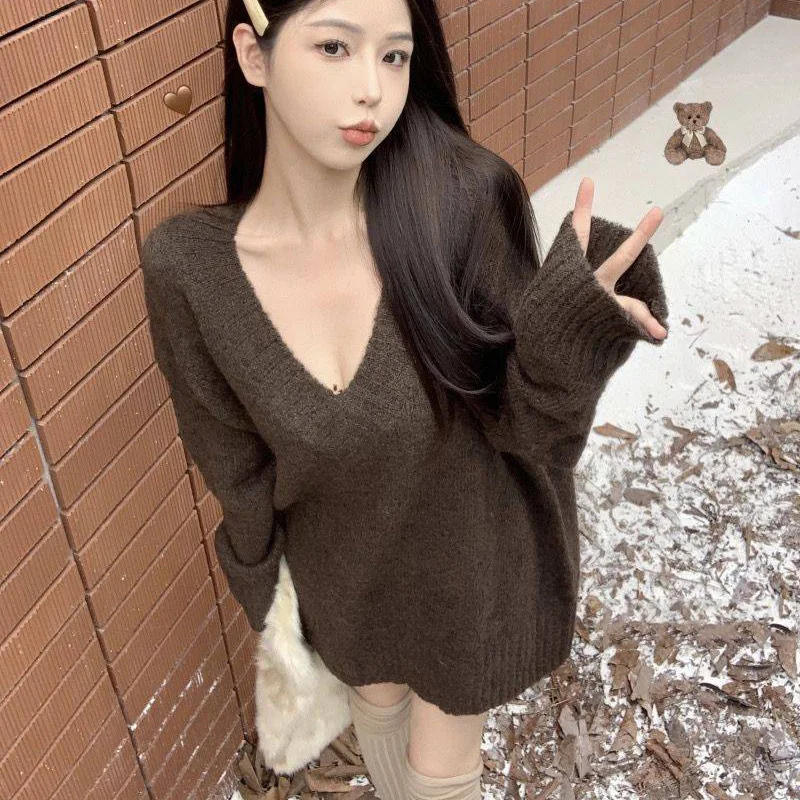 Autumn Winter V Neck Loose Sweaters for Women 2024 New Oversized Knitted Pullover Woman Harajuku Solid Color Long Sleeve Jumper