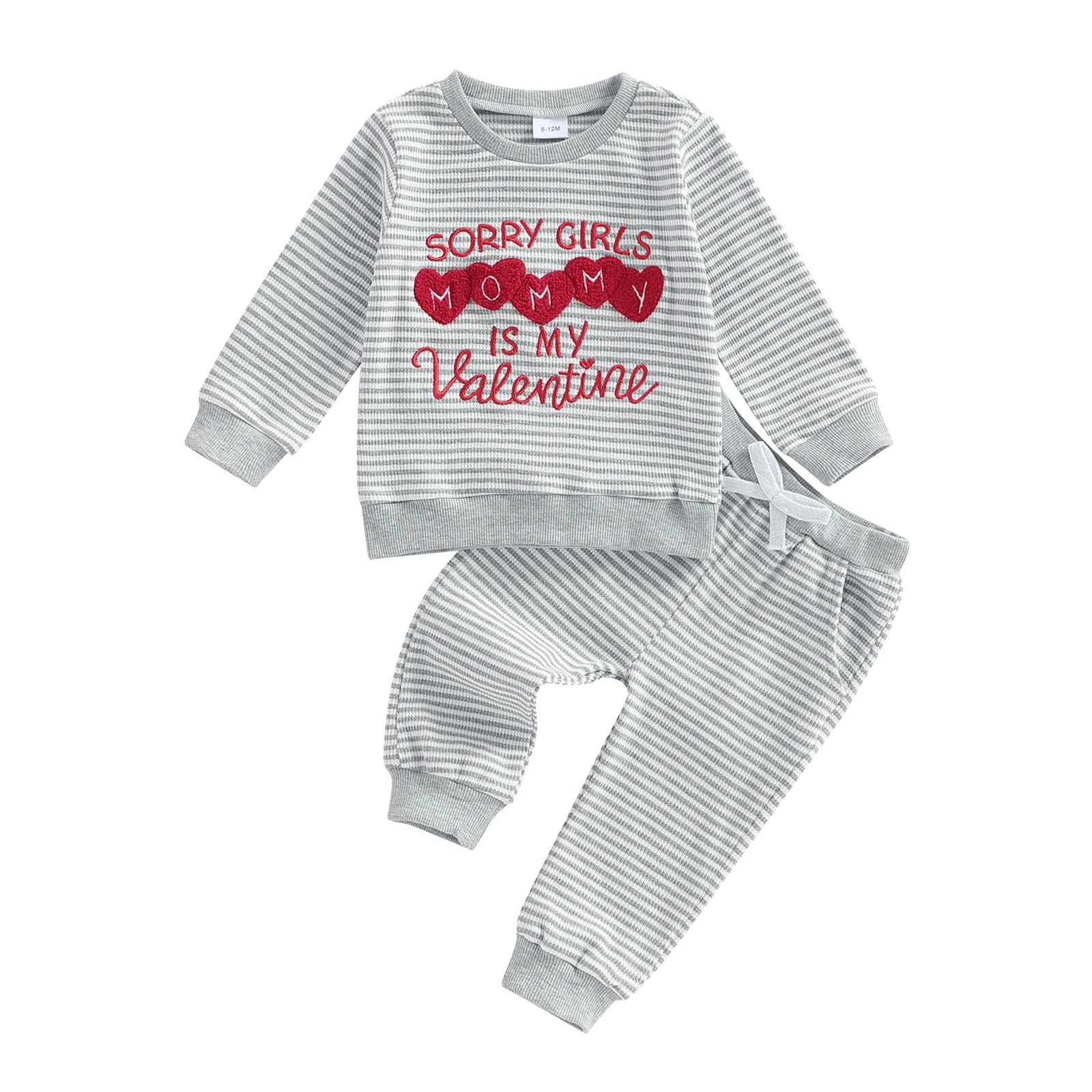 Toddler Baby Valentines Outfit Letter Love Heart Embroidered Striped Crew Neck Long Sleeve Sweatshirt and Pants 2 Pcs Set