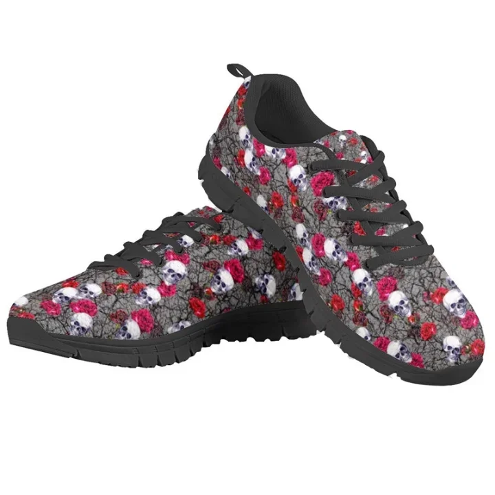 Cool Skull Floral Pattern Woman Flats Shoes Spring/Autumn Lace Up Sneaker Female Casual Footwear Non-slip Large Size Trainers