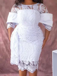 White Lace Dresses for Women Crew Neck Embroidery Package Hip Retro Elegant Midi Dress Holiday Party Wedding Gowns