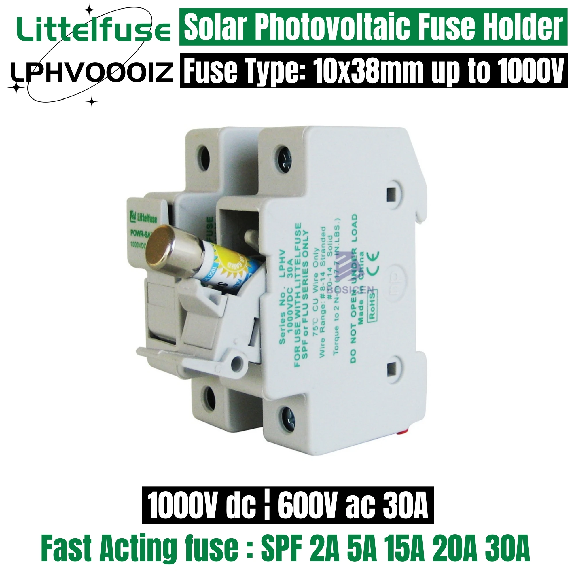 

Littelfuse LPHV0001Z Solar Photovoltaic Fuse Holder 10*38 10x38mm Fuse Link for Solar System Protection 1000V DC 30A 2A 15A 20A