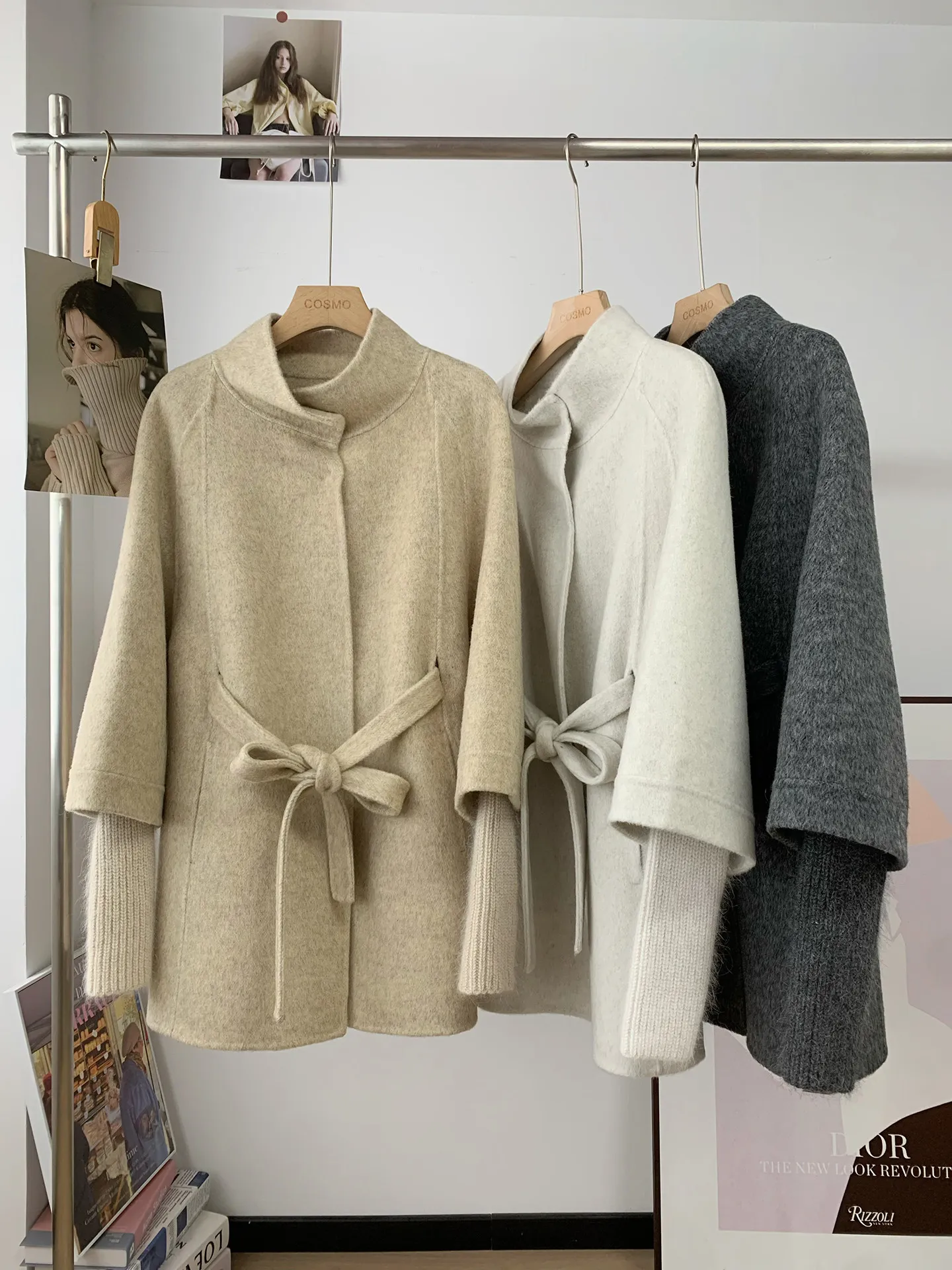 2026 Winter New Womens Cape Stand Collar 100 Wool Double Face Coat Faux Two Piece Knit Sleeve Belted Hand Sewn Woolen Outerwear