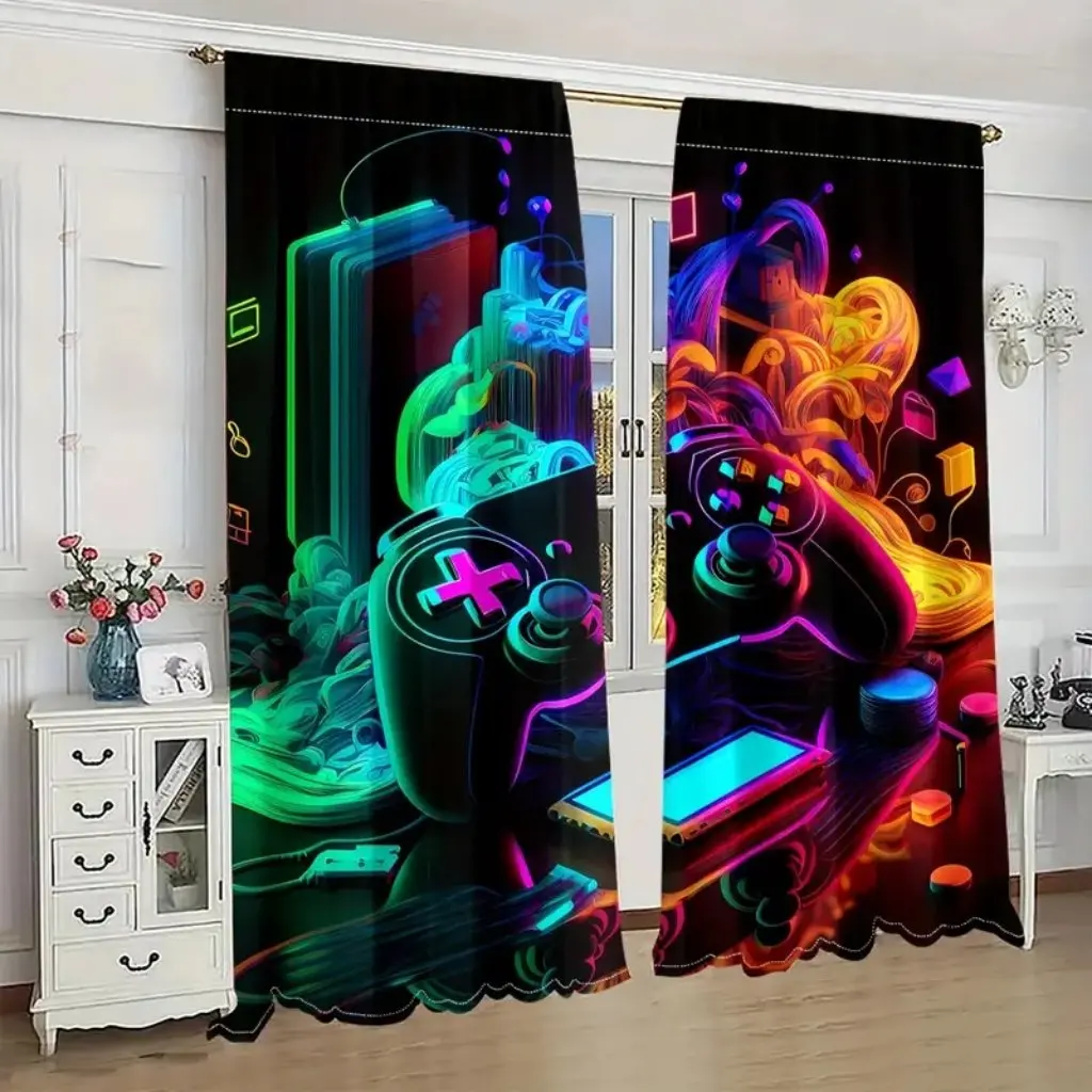 2pcs Vibrant Light Filtering Curtain With Colorful Gaming Controller Prints Semi-Sheer Privacy Window Curtains for Living Room