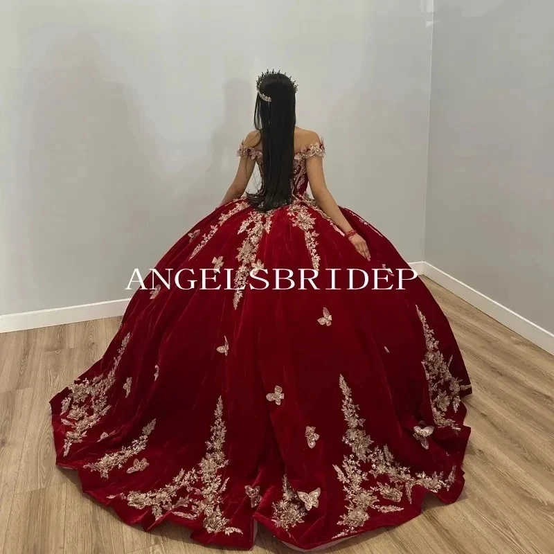 Angelsbridep abiti Quinceanera in raso bordeaux oro fiore farfalla Appliques Princess Brithday Party Gown Vestidos de 15 asenos