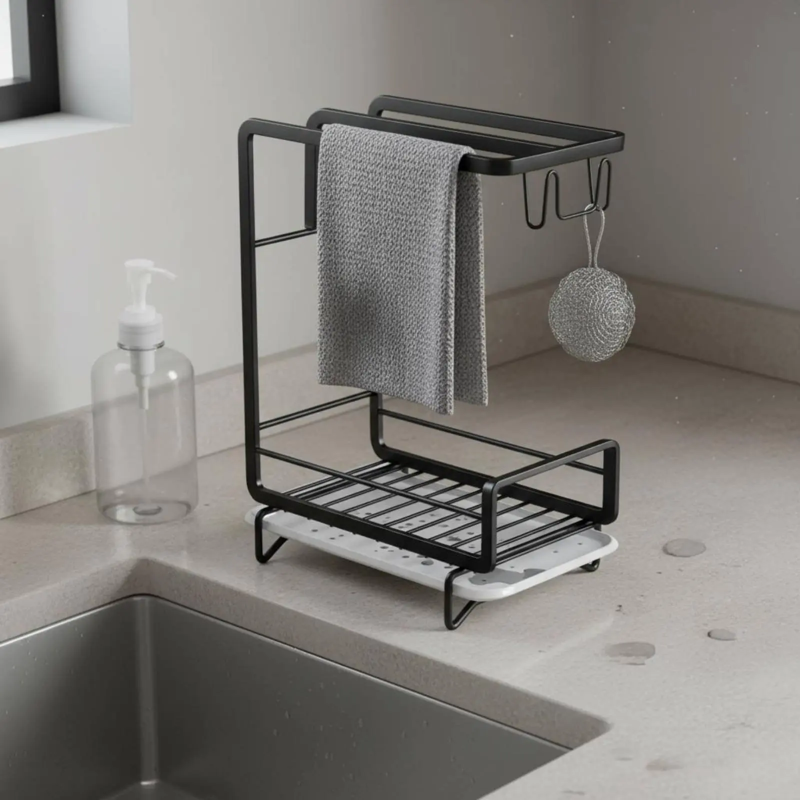 

Kitchen Sink Organizer Rack Space Saving Sponge Holder with Dishcloth Rack Kitchen Sink Organizer Long-Lasting Carbon Steel