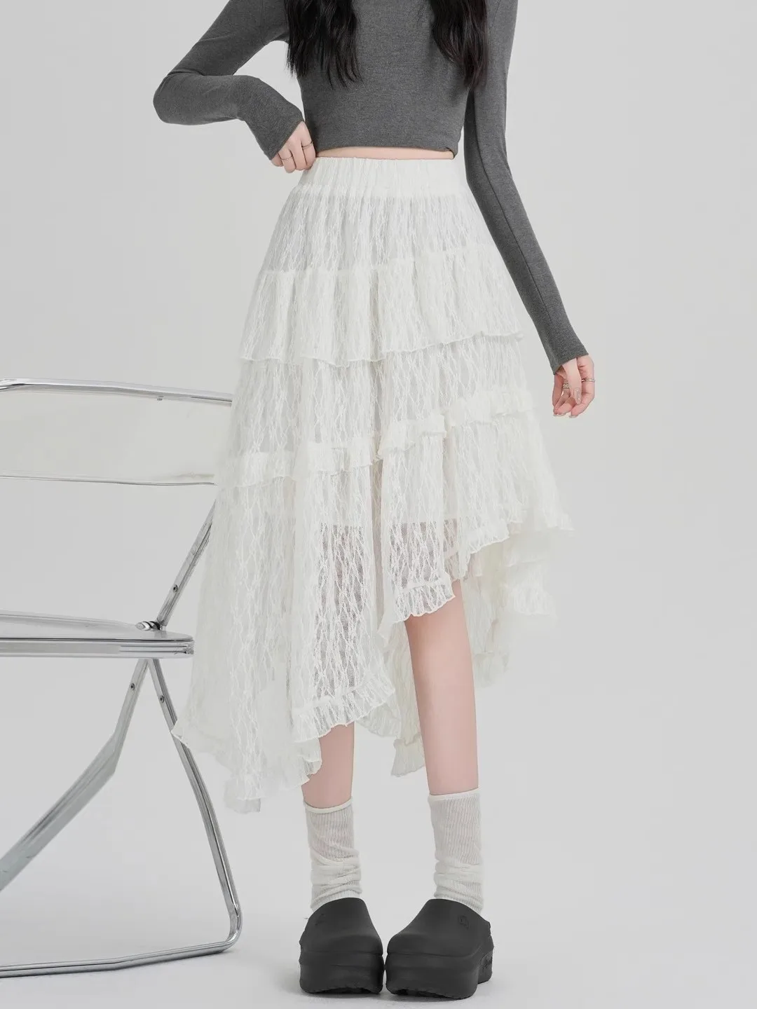 

Асимметричная кружевная юбка-миди с высокой талией для женщин, приталенная, А-силуэт, весна-осень 2026, новинка, из полиэфирного волокна