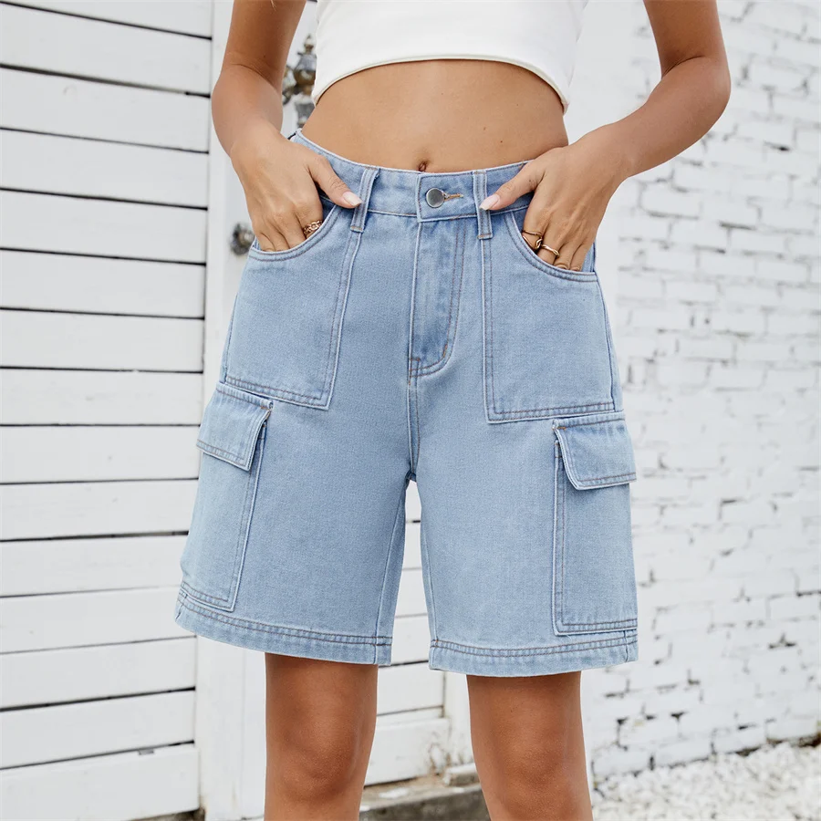 

Benuynffy Streetwear American Retro Multi-pocket Cargo Denim Shorts Women's Summer High Waist Loose Straight Wide Leg Jean Short