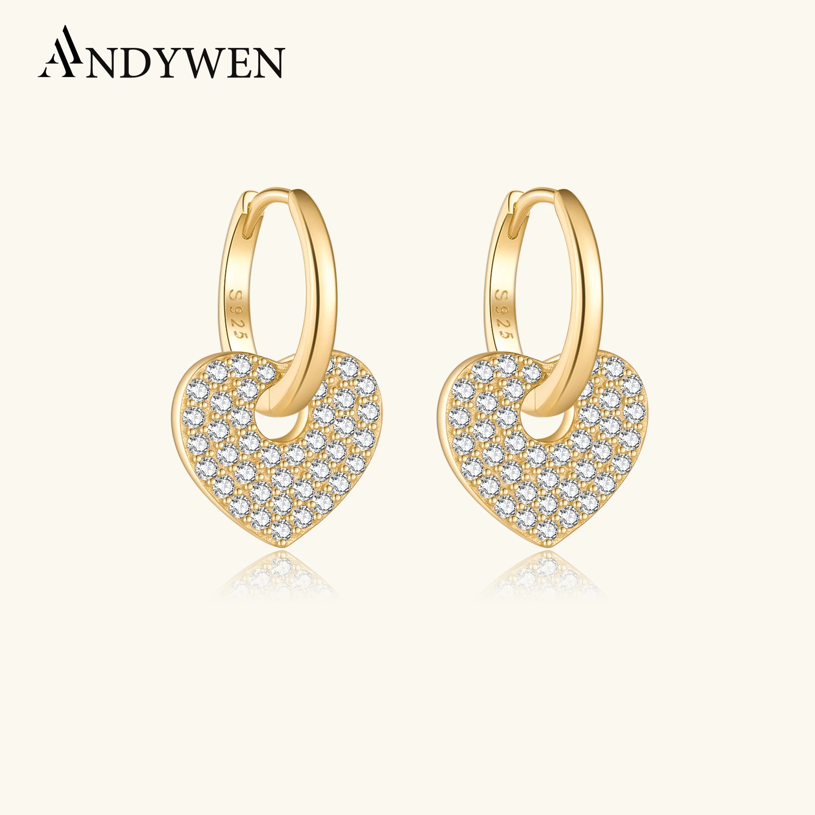 

ANDYWEN 925 Sterling Silver 8.5mm Drop Earring Piercing Pendiente Big Heart Luxury Crystal Pave Fashion Clips Jewelry Gift