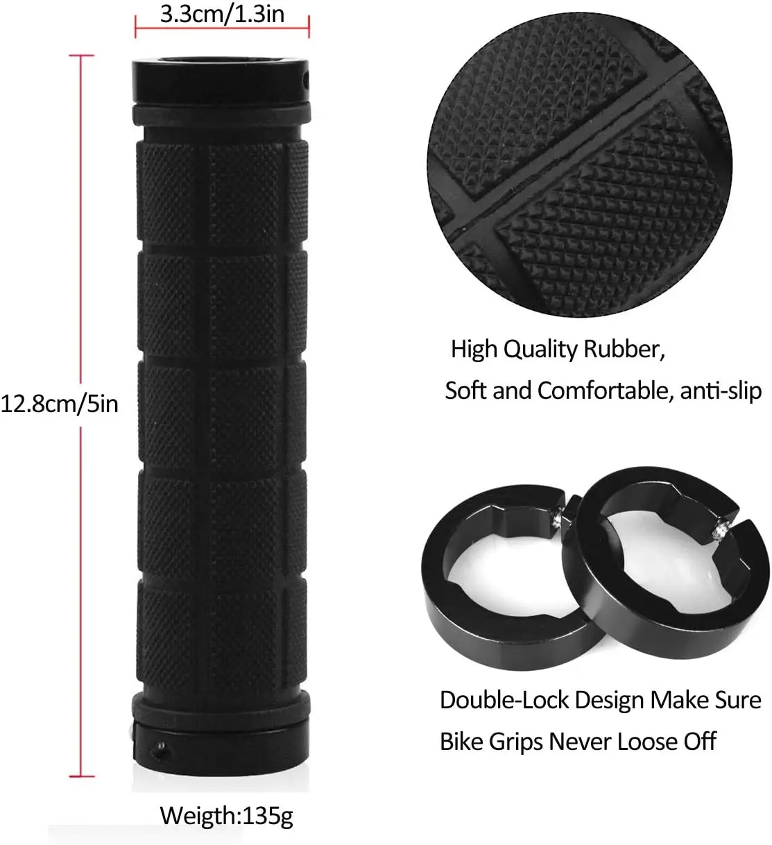 Bike Handlebar Grips Rubber Comfortable for MTB/BMX with Plastic End Caps