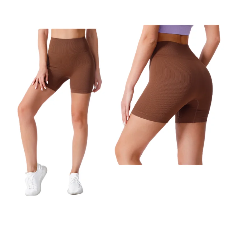 Women Sexy Leggings Seamless Threaded Cropped Shorts High Waisted Yoga Running Biker Shorts