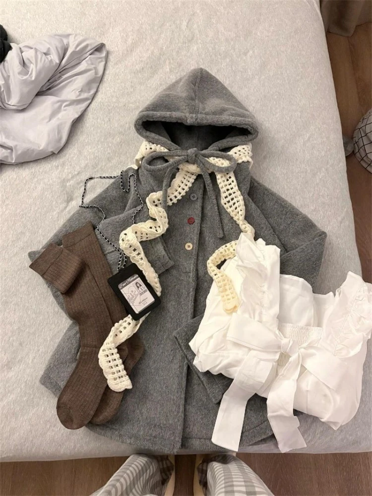 Fashion Korean Autumn Winter New Design Coats Women Vintage Grey Y2k Hooded Tops Harajuku Vintage Loose Kawaii Chic Outfits New